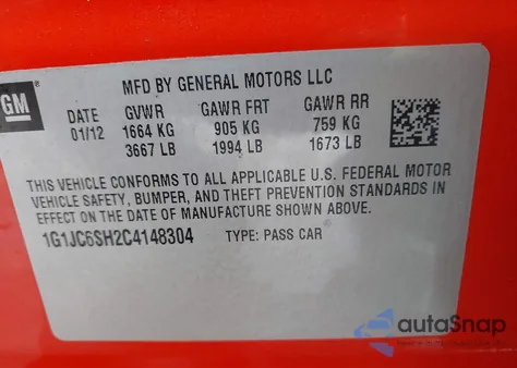 2012 Chevrolet Sonic 2Lt from USA, damaged, VIN 1G1JC6SH2C4148304